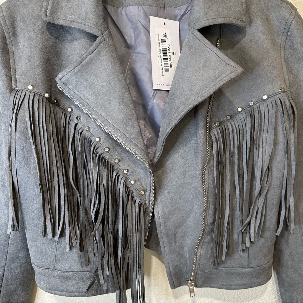 **NWT** Blue B Collection Faux Suede Women's Gray Fringe Jacket - Picture 6 of 15